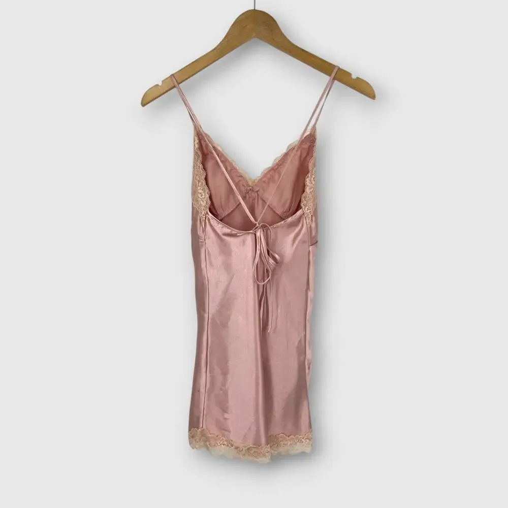 Y2K Pink Satin Lace Trim Slip Mini Dress Open Back Tie Coquette Size S - Picture 2 of 6